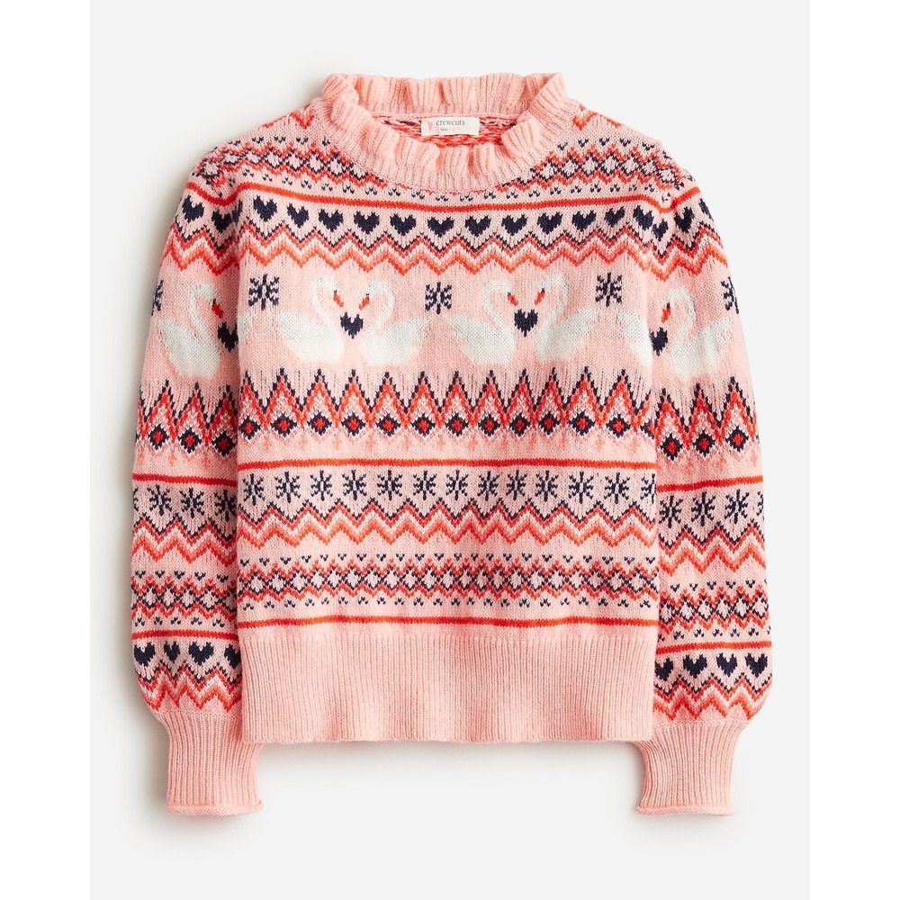 J Crew Crewcuts Girls' Swan Fair Isle Sweater Pink Long Sleeve Size Large 10-11